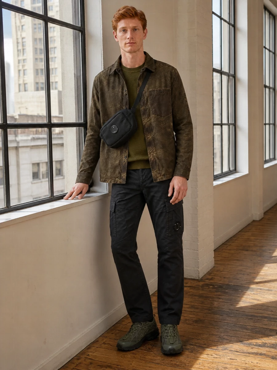 Distressed olive C.P. Company outerwear sits over a tonal utility knit and charcoal cargo trousers for a tight, urban military palette. Technical New Balance runners and a compact crossbody keep the energy street-driven and functional, ideal for cold city days where you want comfort and intention in equal measure.