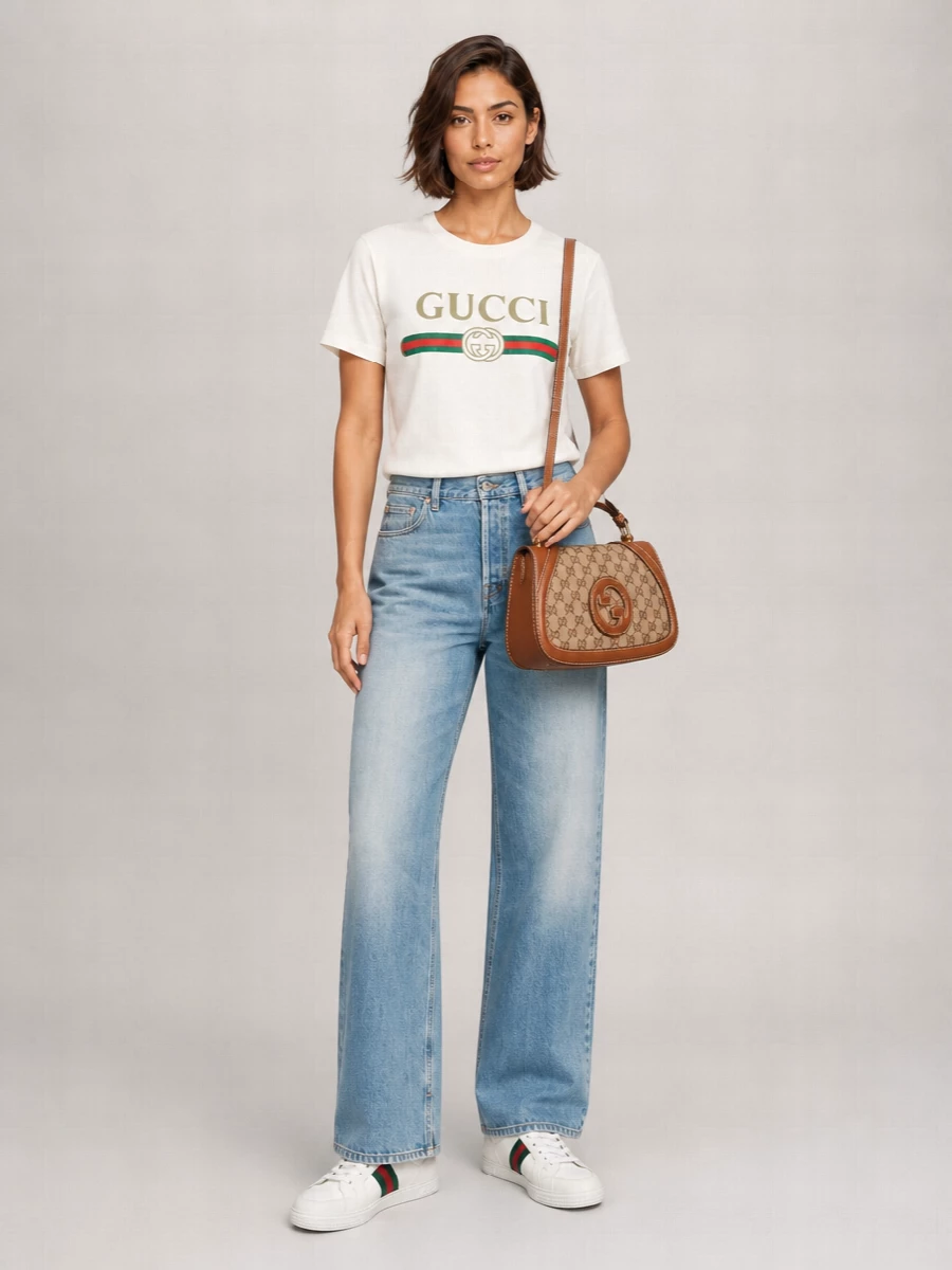 Gucci’s logo tee sits over sun-faded wide-leg denim for a relaxed, vintage-leaning streetwear take. Canvas web-stripe sneakers mirror the tee’s colors, while a small GG shoulder bag adds just enough structure and polish for city days. The result feels easy, branded and intentional without tipping into anything too formal.