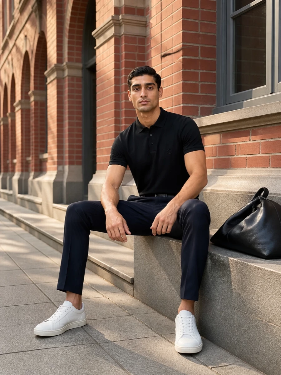 Giorgio armani black polo navy trousers outfit