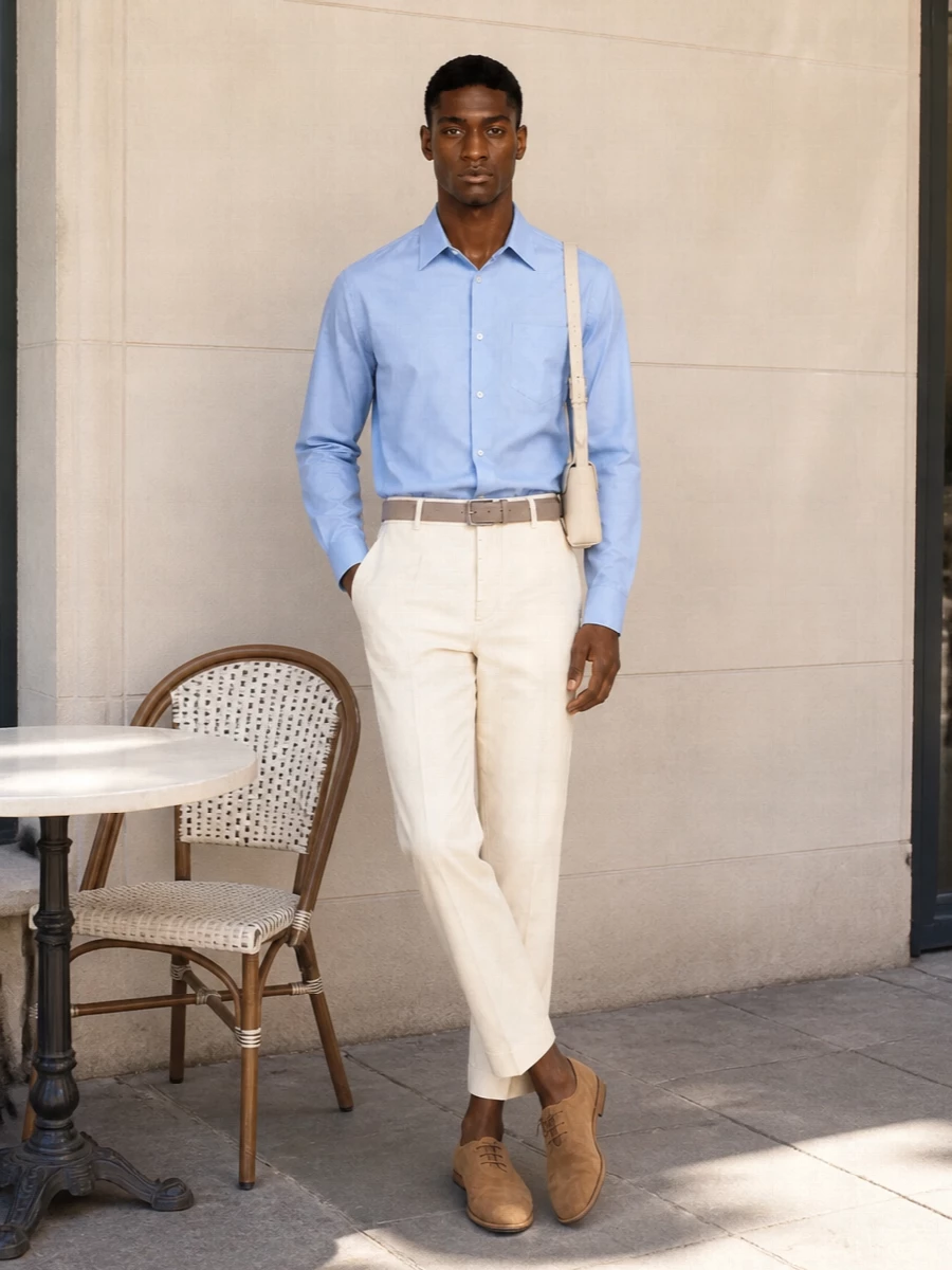 Ami paris blue shirt cream tailored trousers