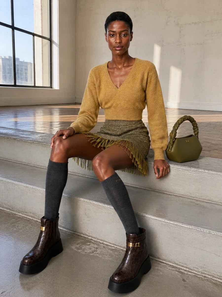 Ganni houndstooth mini skirt cropped knit outfit