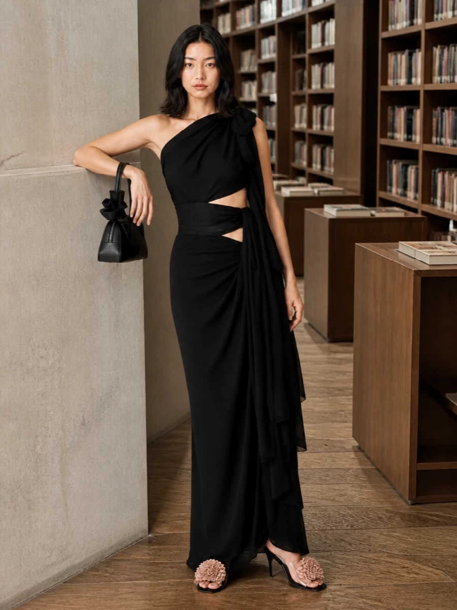 Alaia black one shoulder gown floral heels