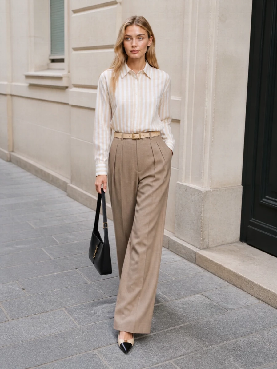 Saint laurent striped shirt beige wide leg trousers