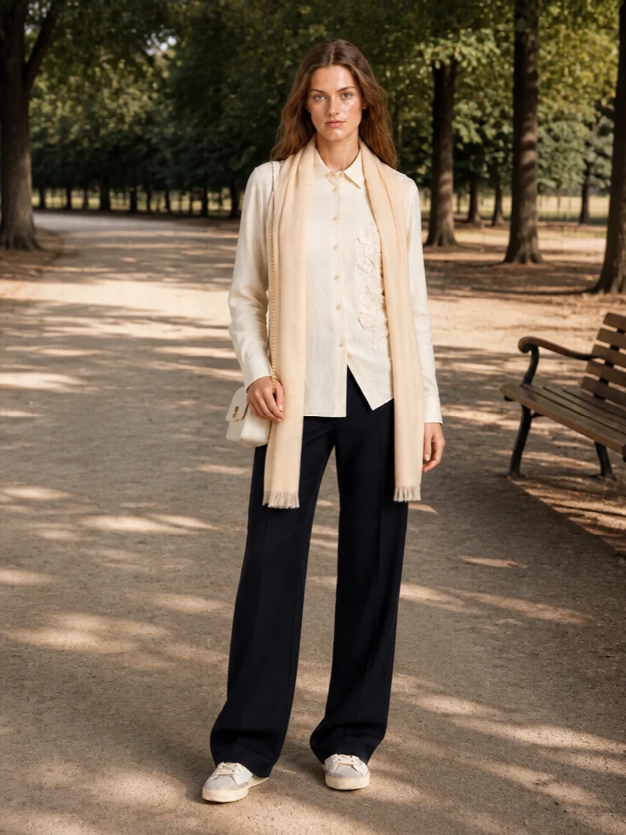 Golden goose cream shirt navy trousers outfit