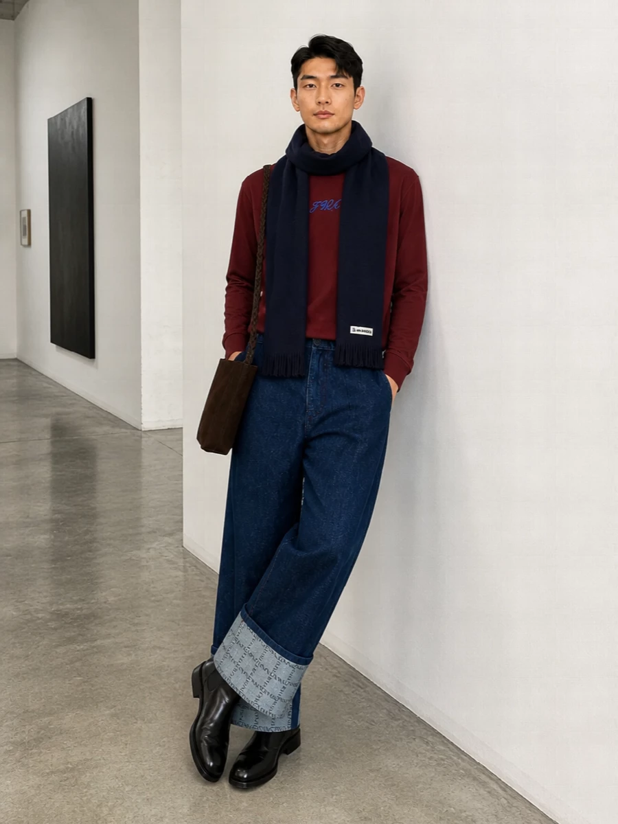 Jw anderson burgundy tee wide cuffed jeans outfit