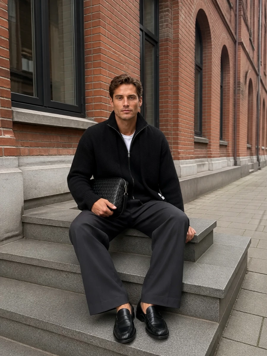 Studio nicholson wide trousers black knit loafers
