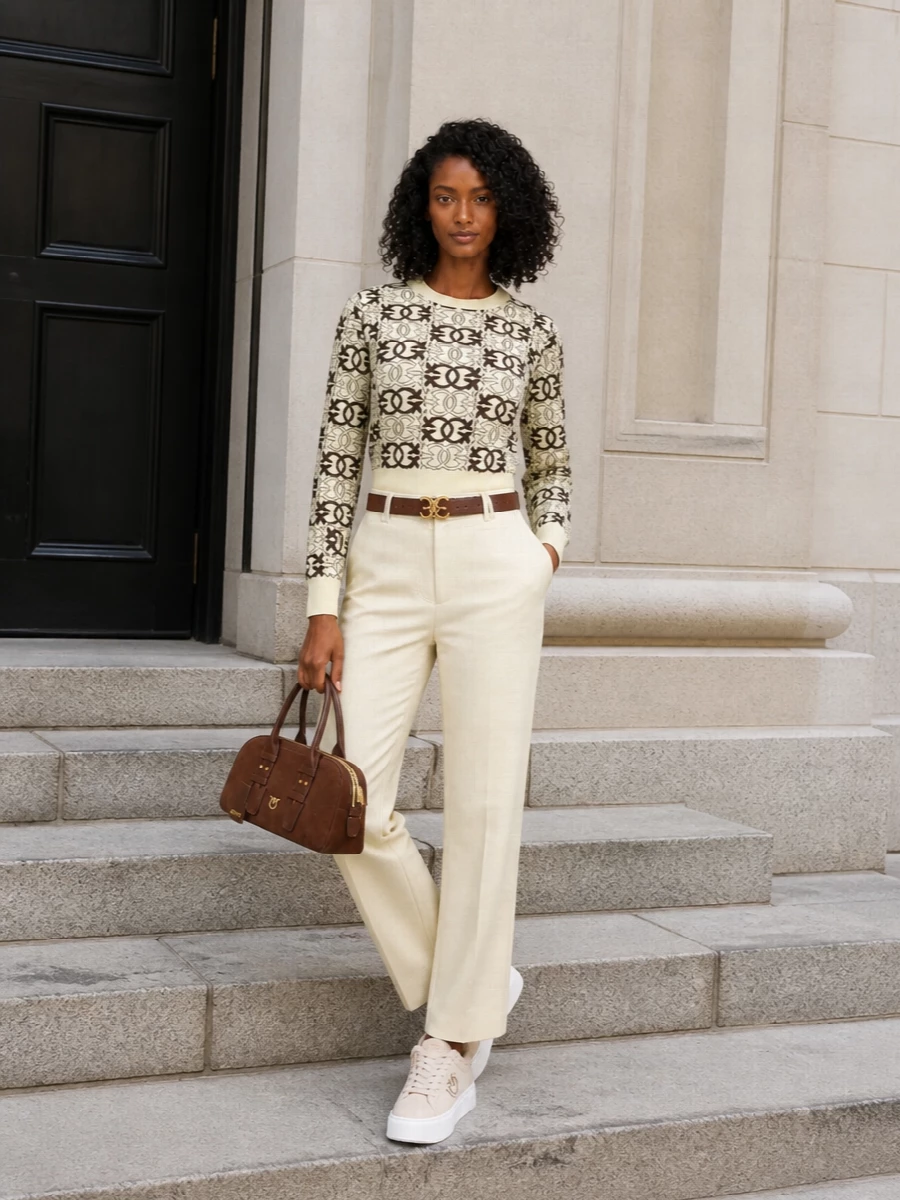Pinko cropped sweater buttercream trousers outfit