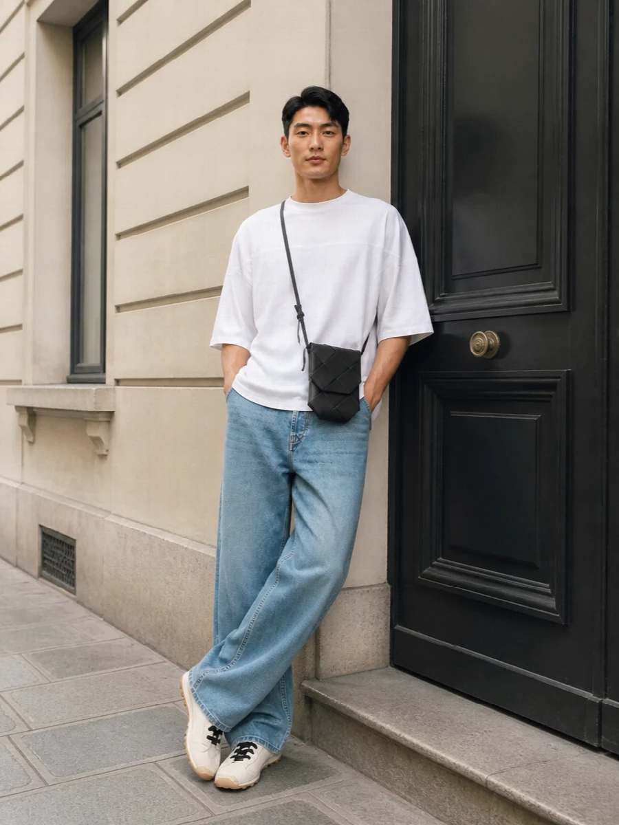 Jacquemus white tee wide leg jeans street style