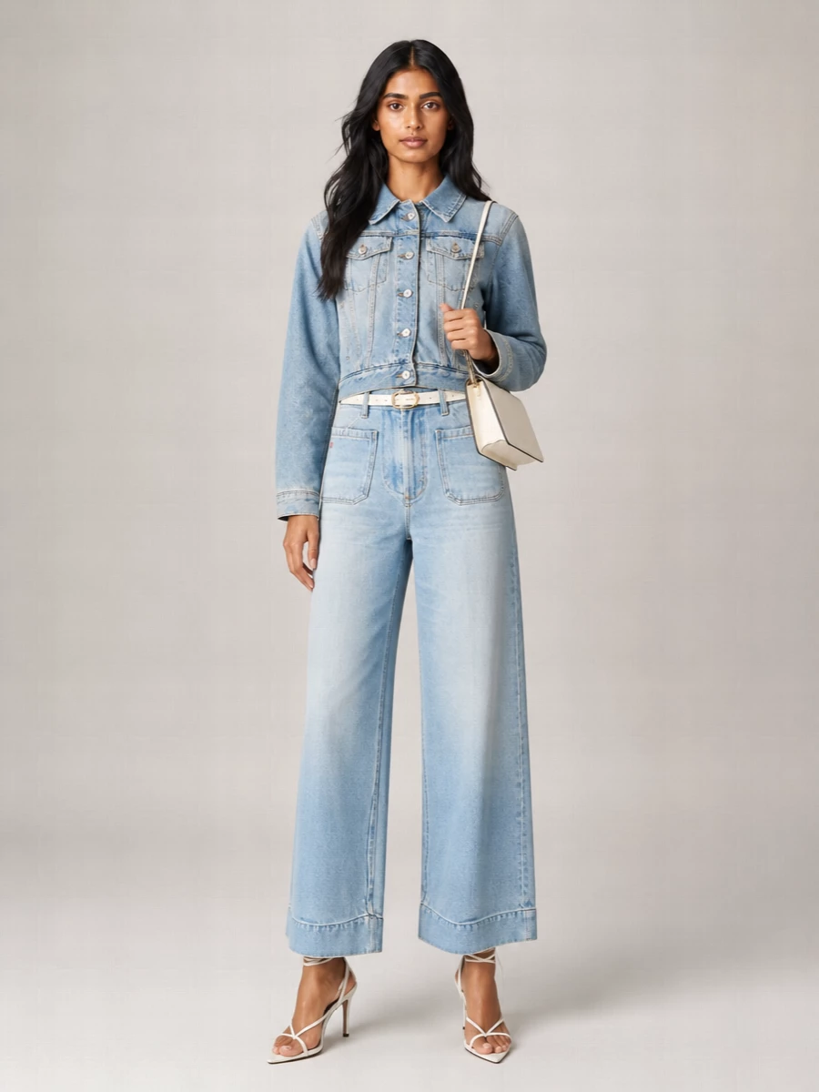 Light-wash Victoria Beckham denim on top and bottom creates a calm, tonal column that lets cut and proportion do the work. A pointed white sandal and ivory shoulder bag keep the mood clean and refined, while a slim white belt crisps the high waist so the wide leg feels intentional rather than relaxed. It is an easy, quietly polished way to wear double denim for bright city days or understated evenings.