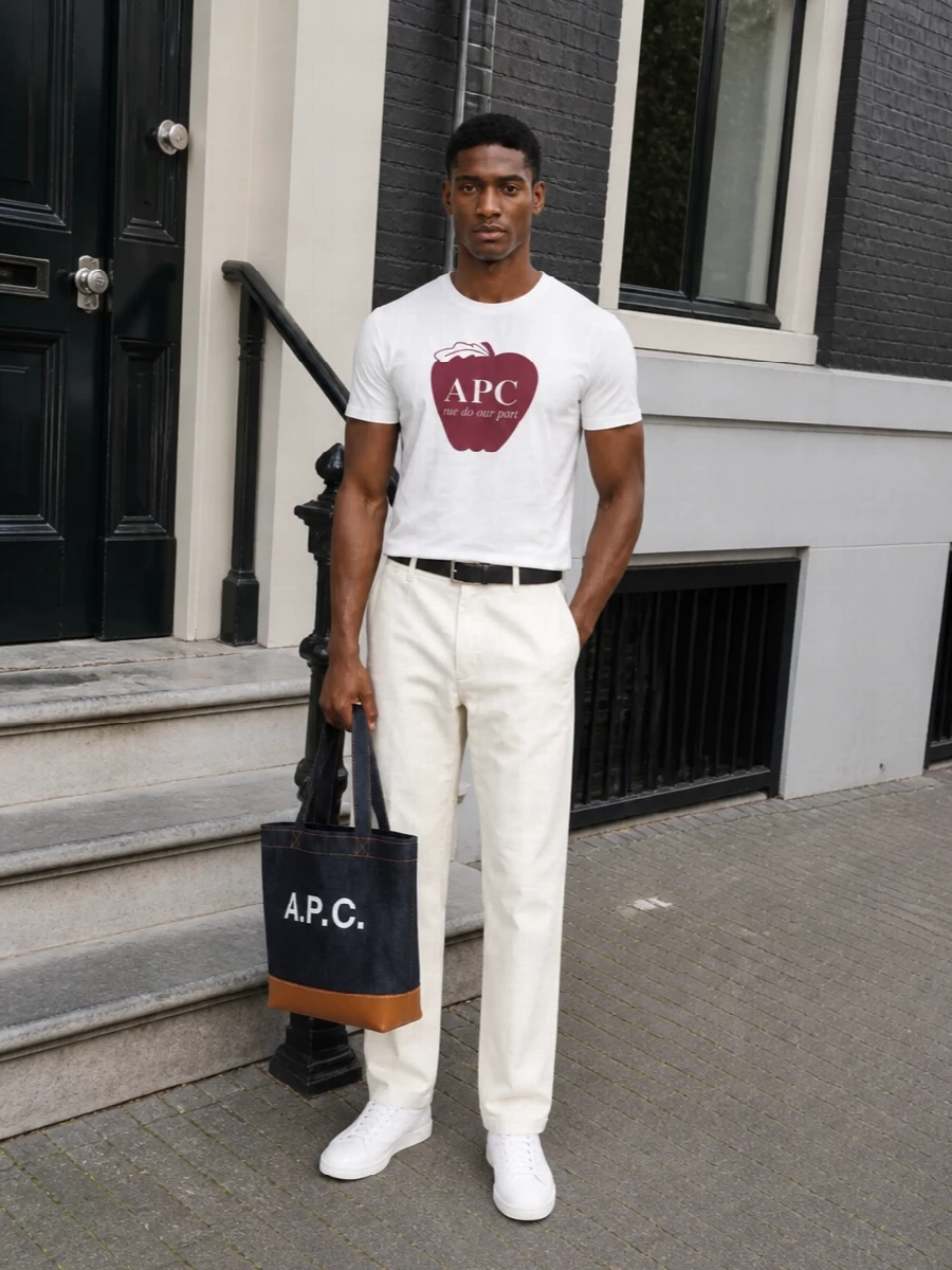 Apc graphic tee ecru trousers white sneakers