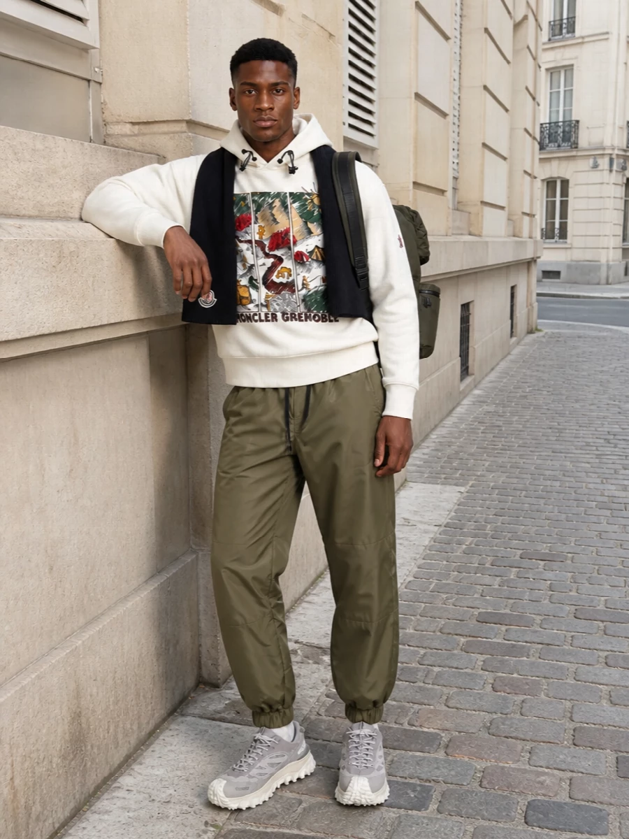 Moncler grenoble hoodie olive joggers grey sneakers