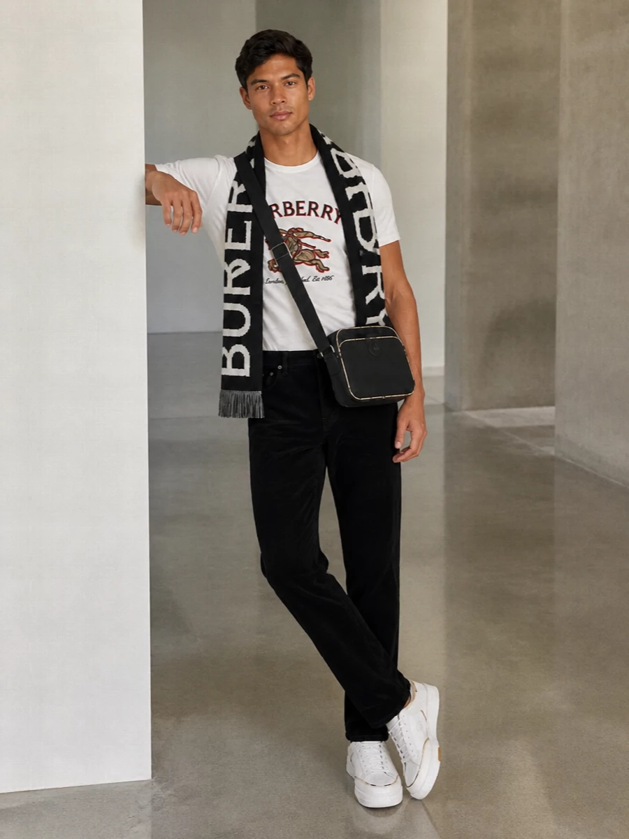 Burberry crest tee black trousers sneakers