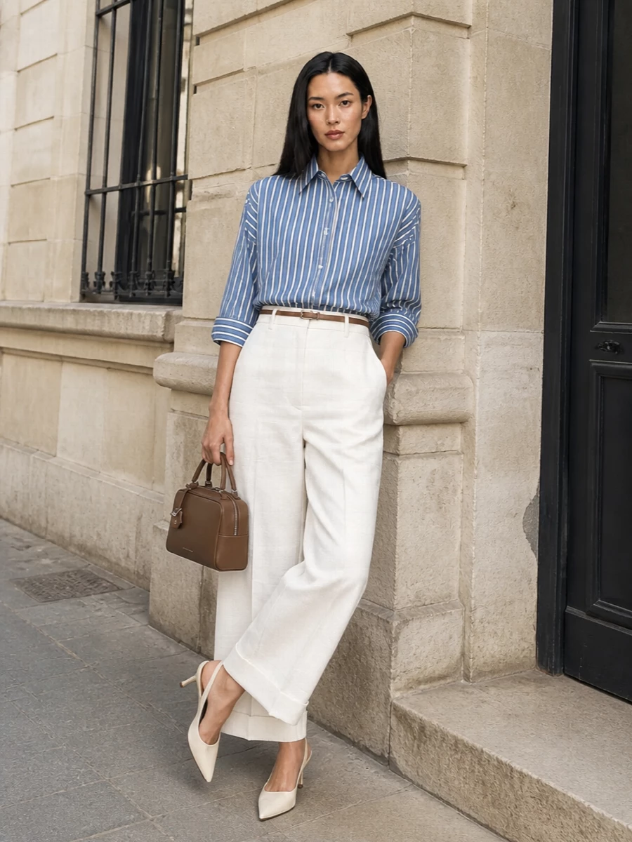 The boxy blue-and-white striped shirt is anchored by creamy high-waisted wide-leg trousers for an elegant, elongated silhouette that feels both modern and boardroom-appropriate. Cream slingback pumps keep the lines sharp yet understated, while a slim metallic belt and structured mocha top-handle bag add just enough quiet definition and depth to complete the polished, minimalist look.