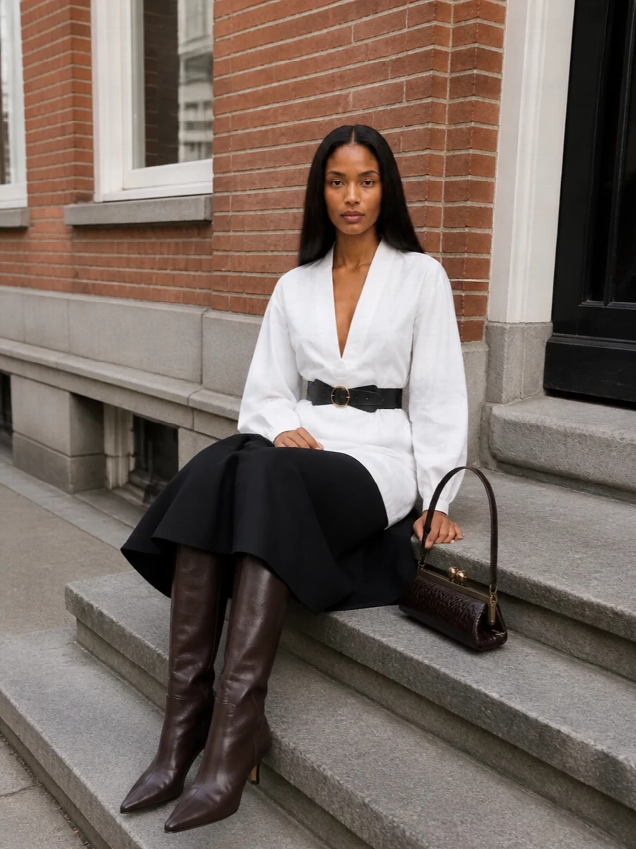 Jacquemus white tunic black midi skirt outfit