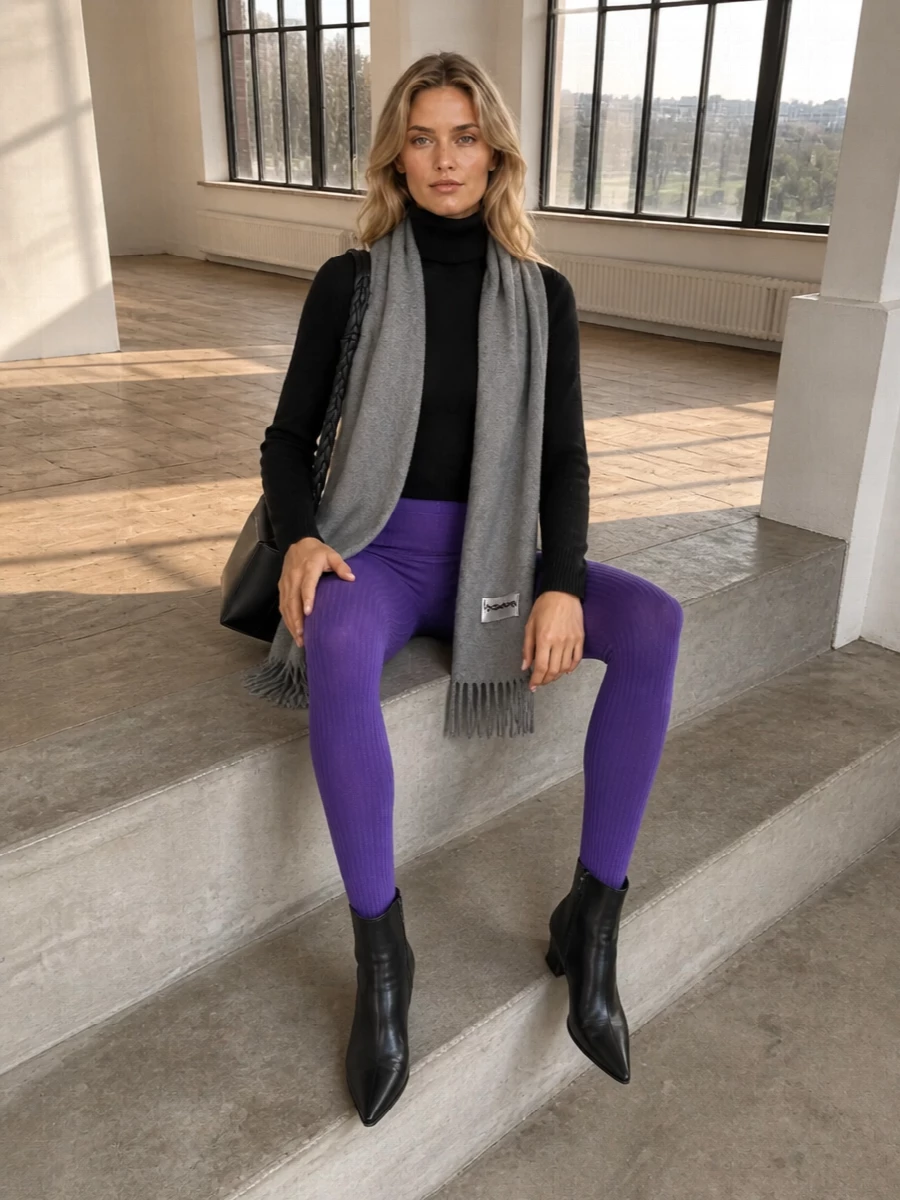 Jil sander purple tights black turtleneck boots