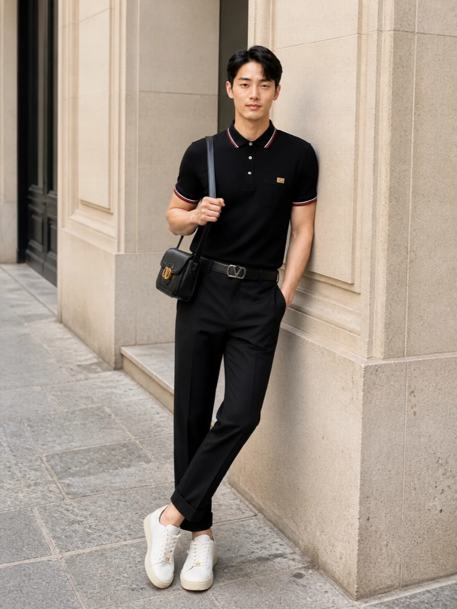 Valentino black polo trousers quiet luxury outfit
