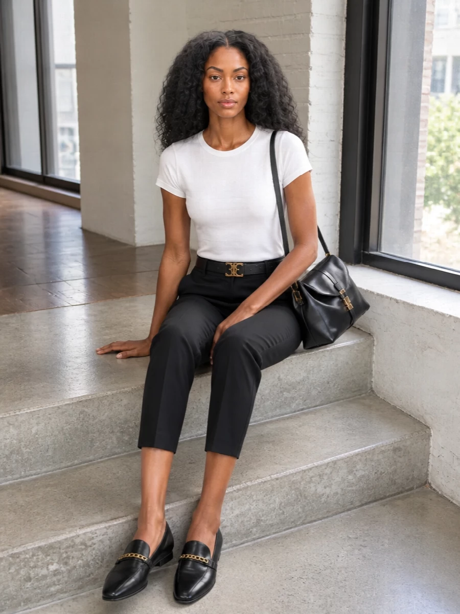 A crisp white tee meets cropped black tailoring for a clean, city-ready uniform that feels easy but considered. Flat chain-detail loafers keep it grounded and practical, while a structured black shoulder bag and signature belt add quiet definition. The result is a monochrome, preppy ensemble that moves smoothly from casual office days to relaxed dinners.