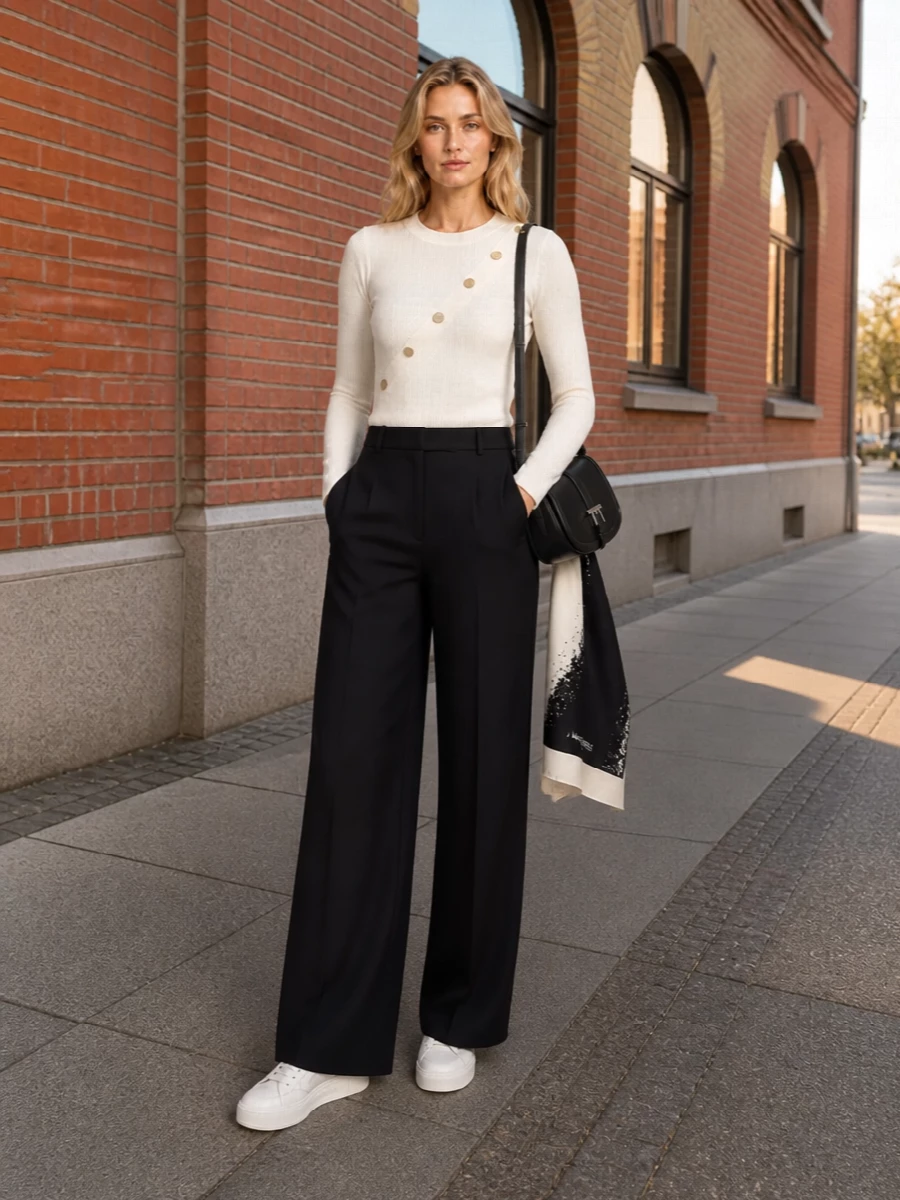 Alexander mcqueen ivory sweater black wide leg trouser