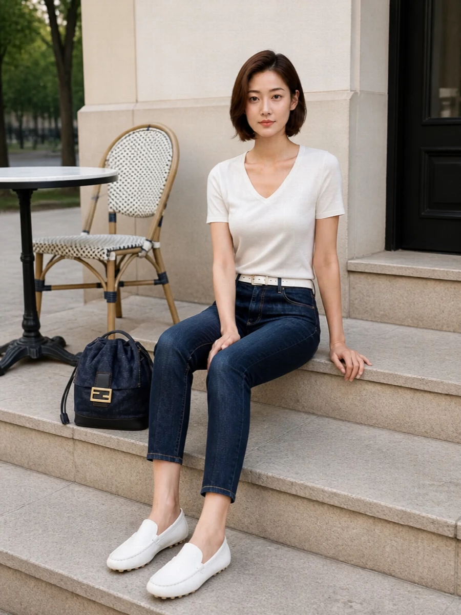 Dondup jeans ivory tee tods white loafers