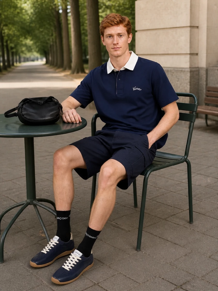 Kenzo navy cargo shorts rugby polo sneakers