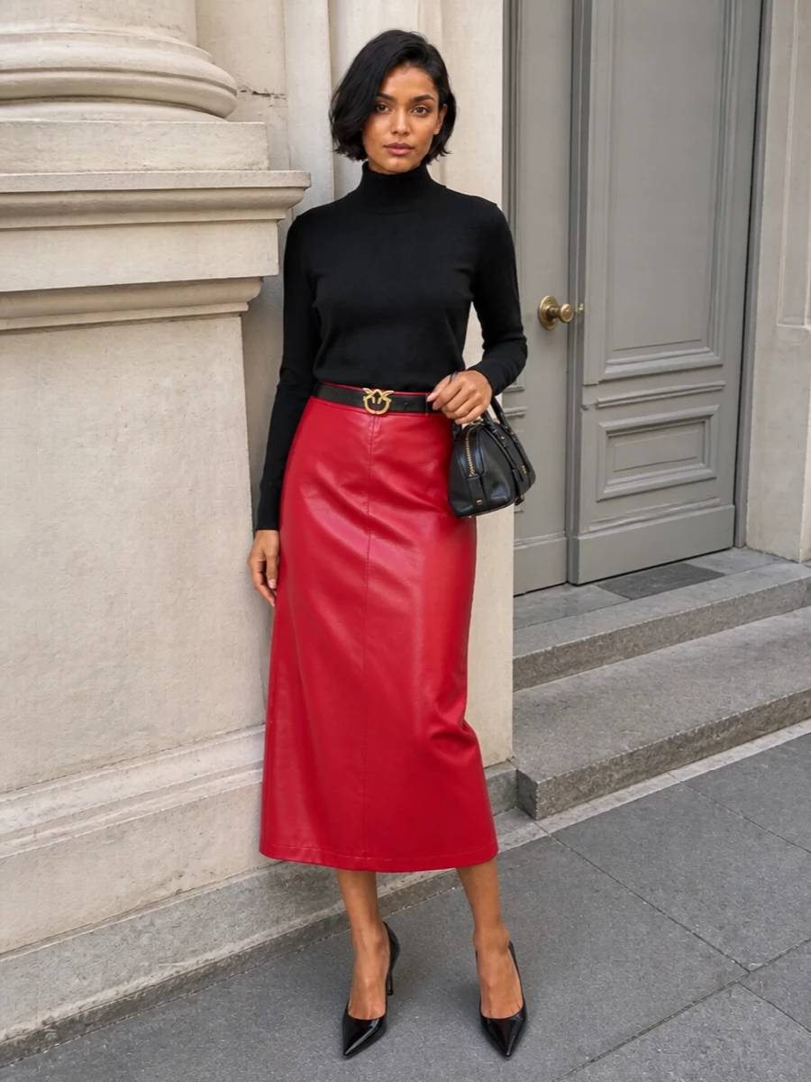 Pinko red pencil skirt black knit outfit