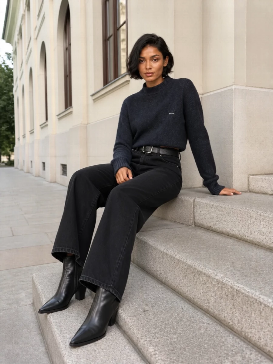 Rotate wide leg jeans cropped sweater boots
