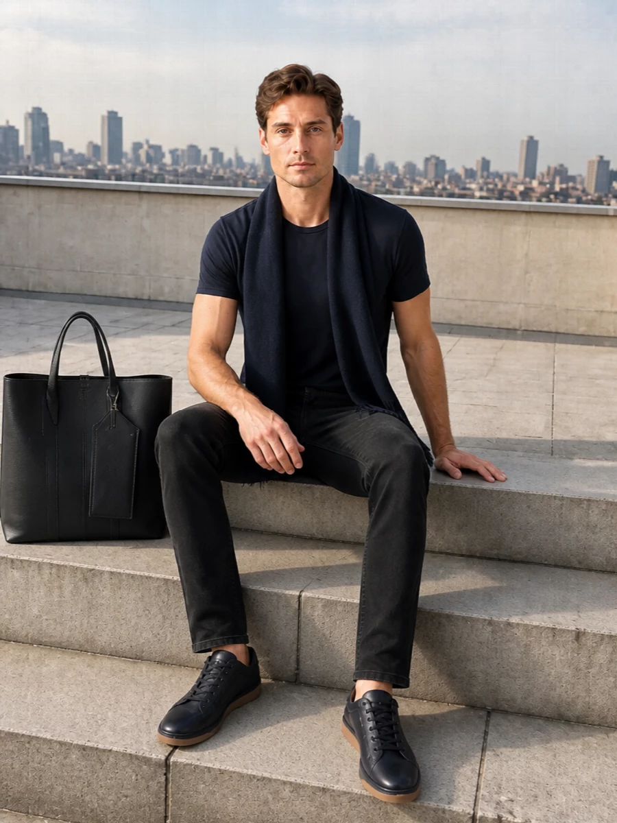 Saint laurent navy tee black jeans sneakers