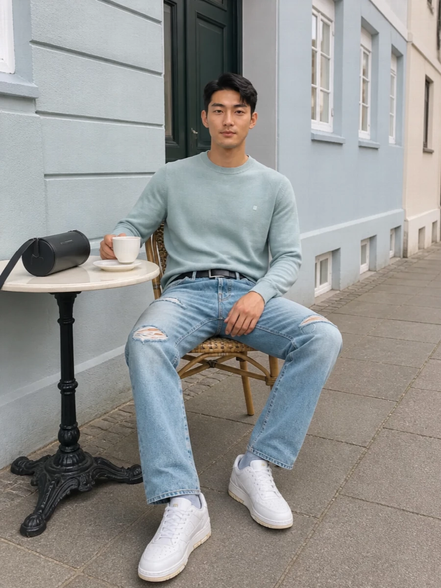 Acne distressed jeans blue knit arigato sneakers