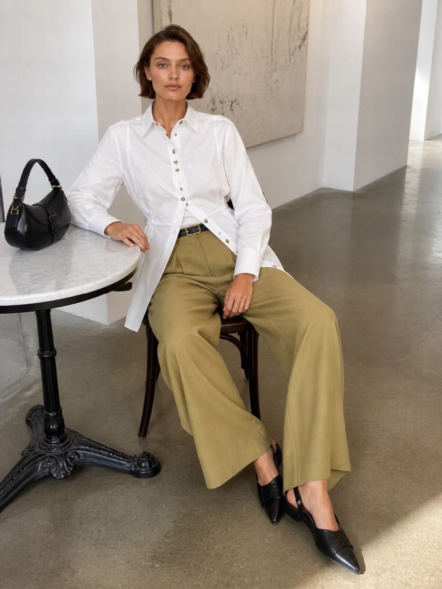 Ganni white shirt khaki wide leg trousers outfit