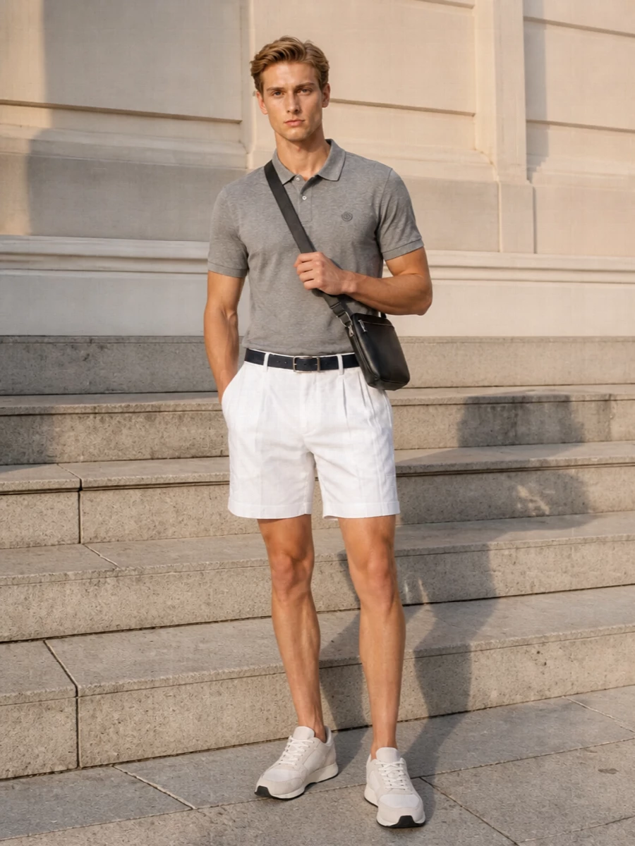 Boss grey polo white shorts sneakers outfit