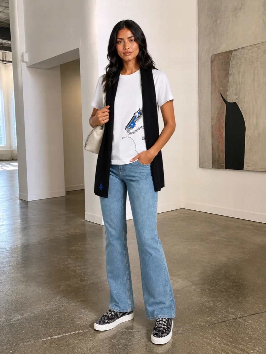 Burberry graphic tee straight jeans sneakers