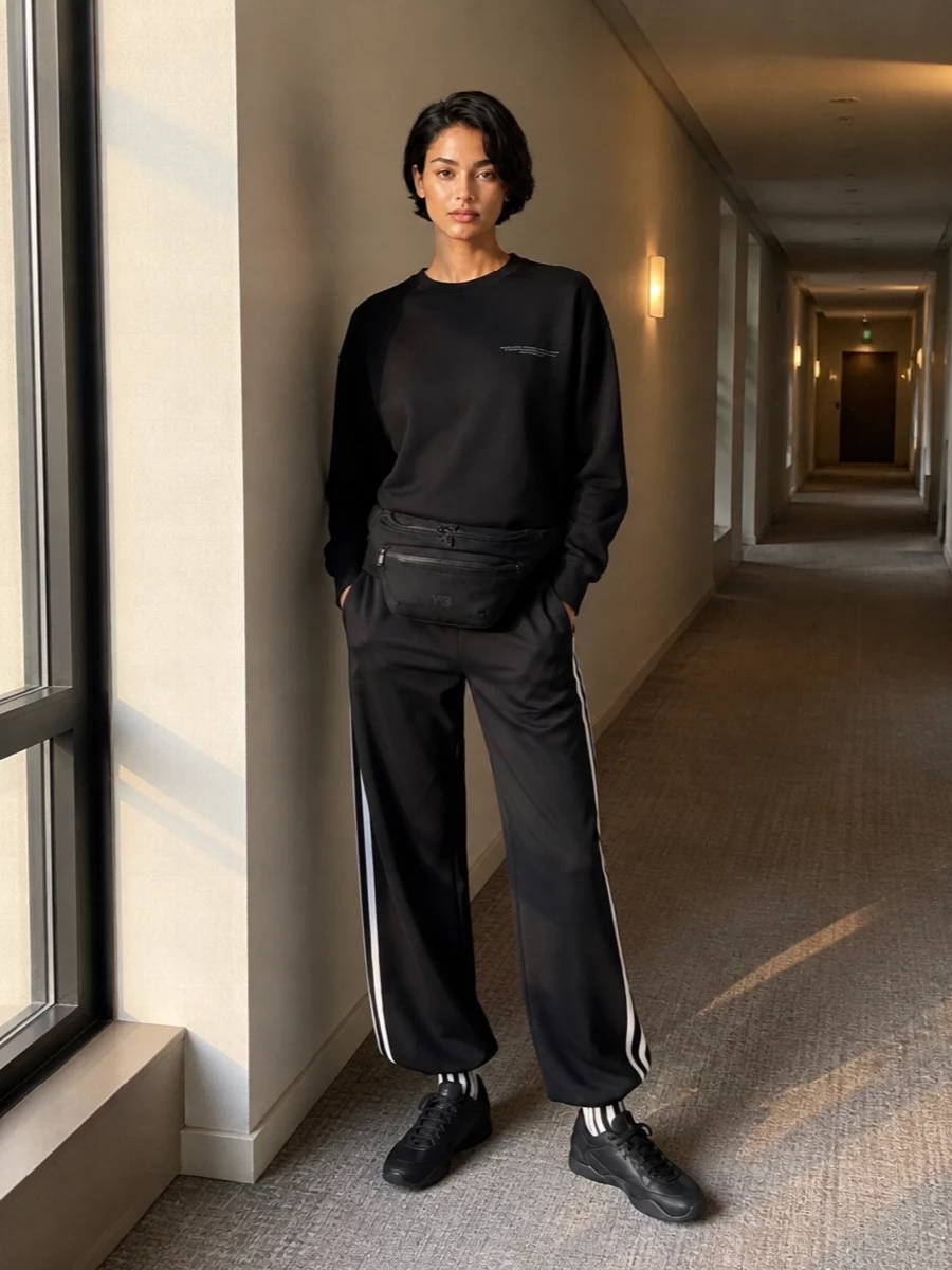 Monochrome Y-3 and Adidas track lines give this an ultra-clean, graphic energy that still feels relaxed and easy to wear. The regular sweatshirt paired with a wide-leg stripe pant creates a long, straight column, with low-profile black sneakers and a compact belt bag keeping everything streamlined and city-ready.