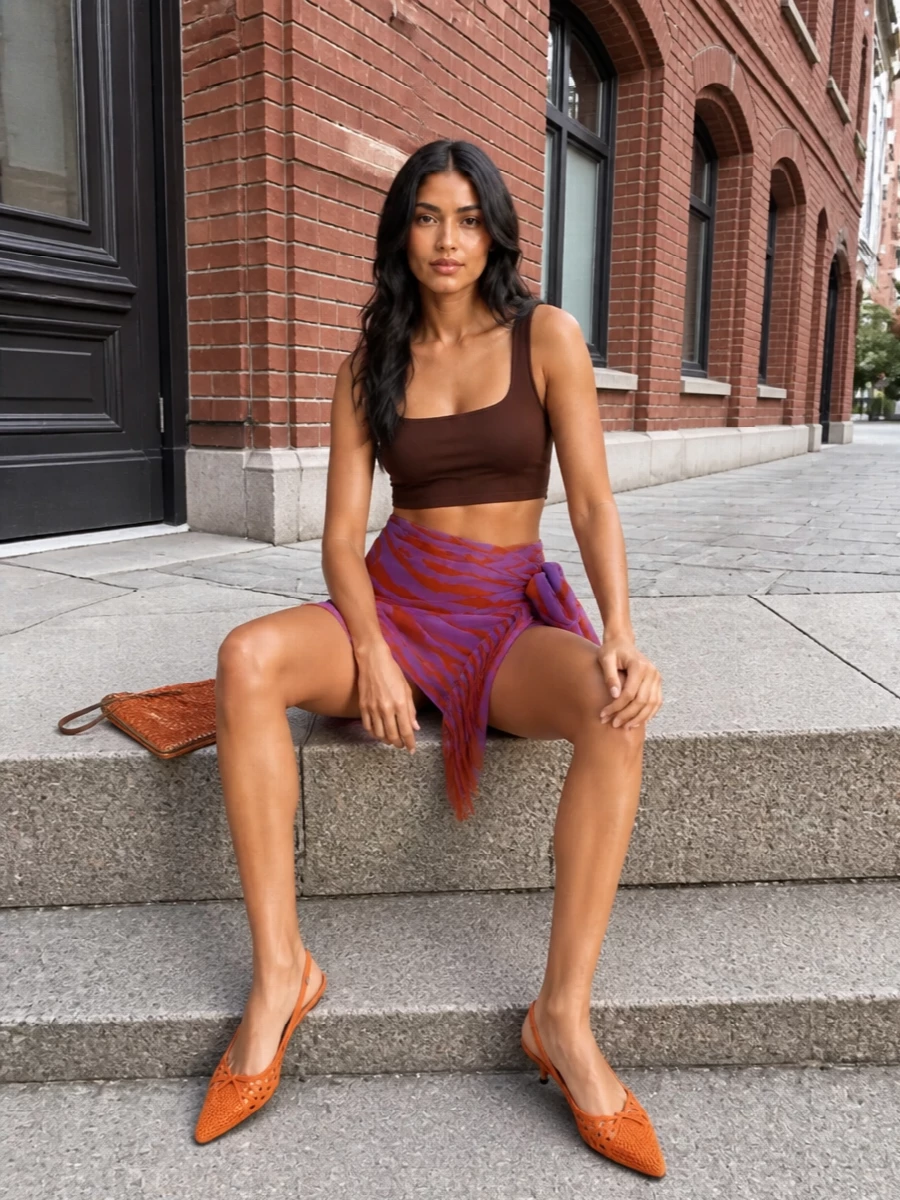 Attico’s sheer wrap mini stays centre stage, paired with a sleek chocolate micro tank for that early‑2000s, body‑con proportion. Bright orange kitten‑heel slingbacks and a burnt‑orange raffia wristlet tie into the skirt’s tangerine tones, keeping the palette tight and sunny. The result is a flirty, beach‑to‑cocktails outfit that feels confident, playful and very now.