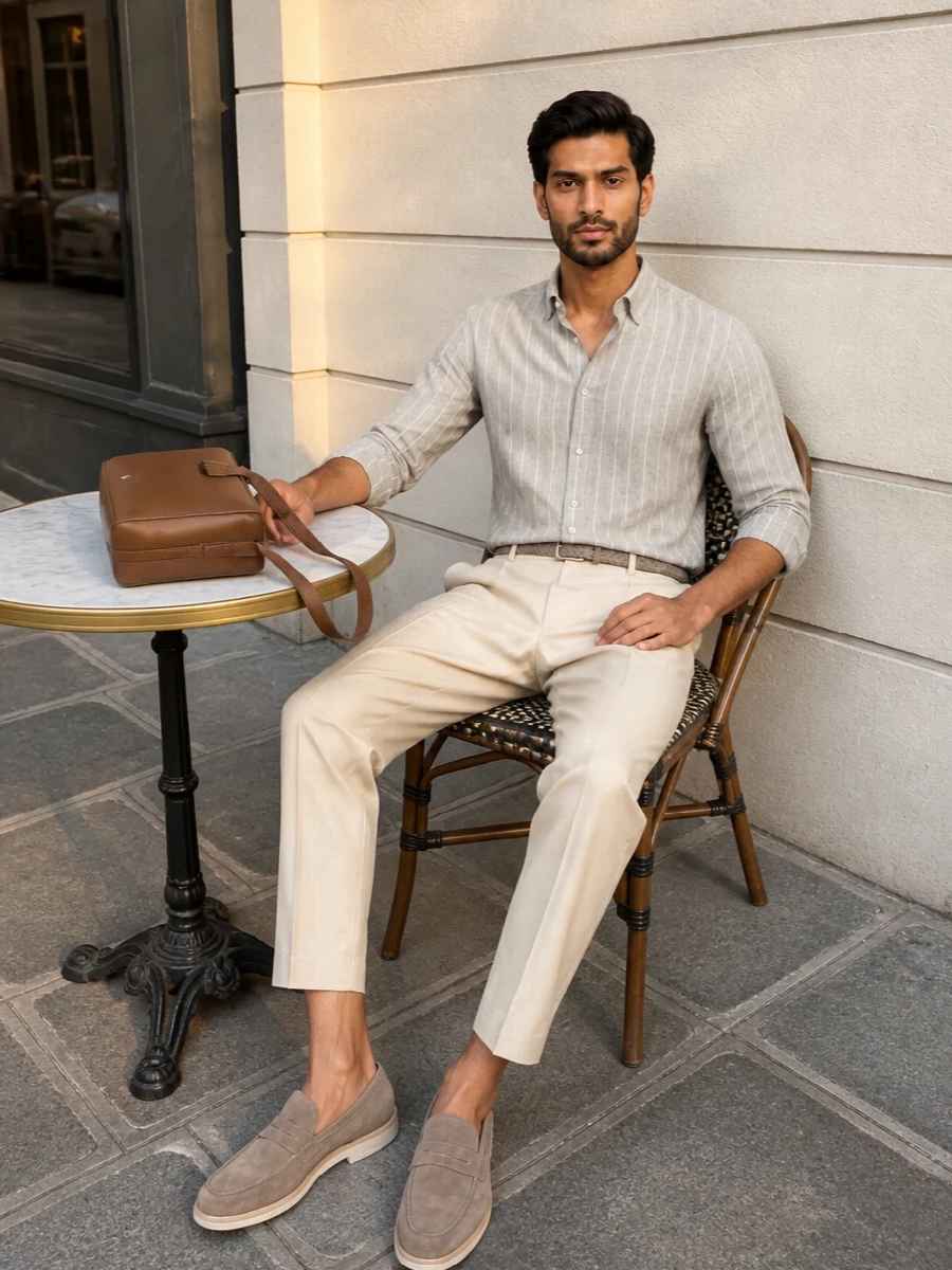 A taupe-striped shirt sits over light beige pleated trousers for a clean, elongated summer line that feels relaxed but suitable for smart city days or terrace dinners. Taupe suede loafers and a braided suede belt keep the mood soft and pared back, while the tan shoulder bag introduces just enough structure to ground the neutrals. It is a quietly confident combination that moves easily from daytime meetings to understated evening plans with a simple roll of the sleeves.