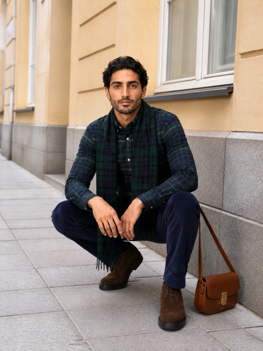 Barbour tartan shirt corduroy trousers suede boots