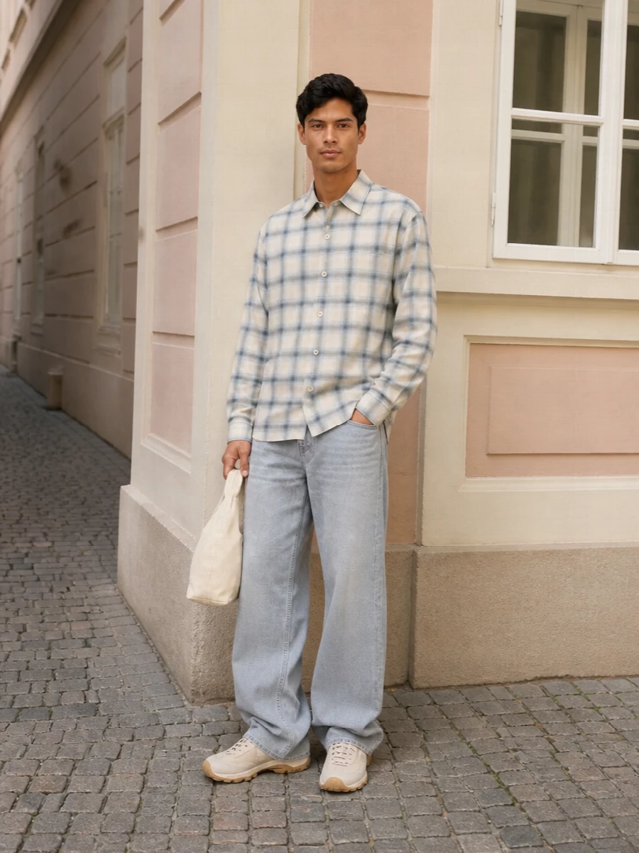 Our legacy checked shirt wide leg jeans outfit