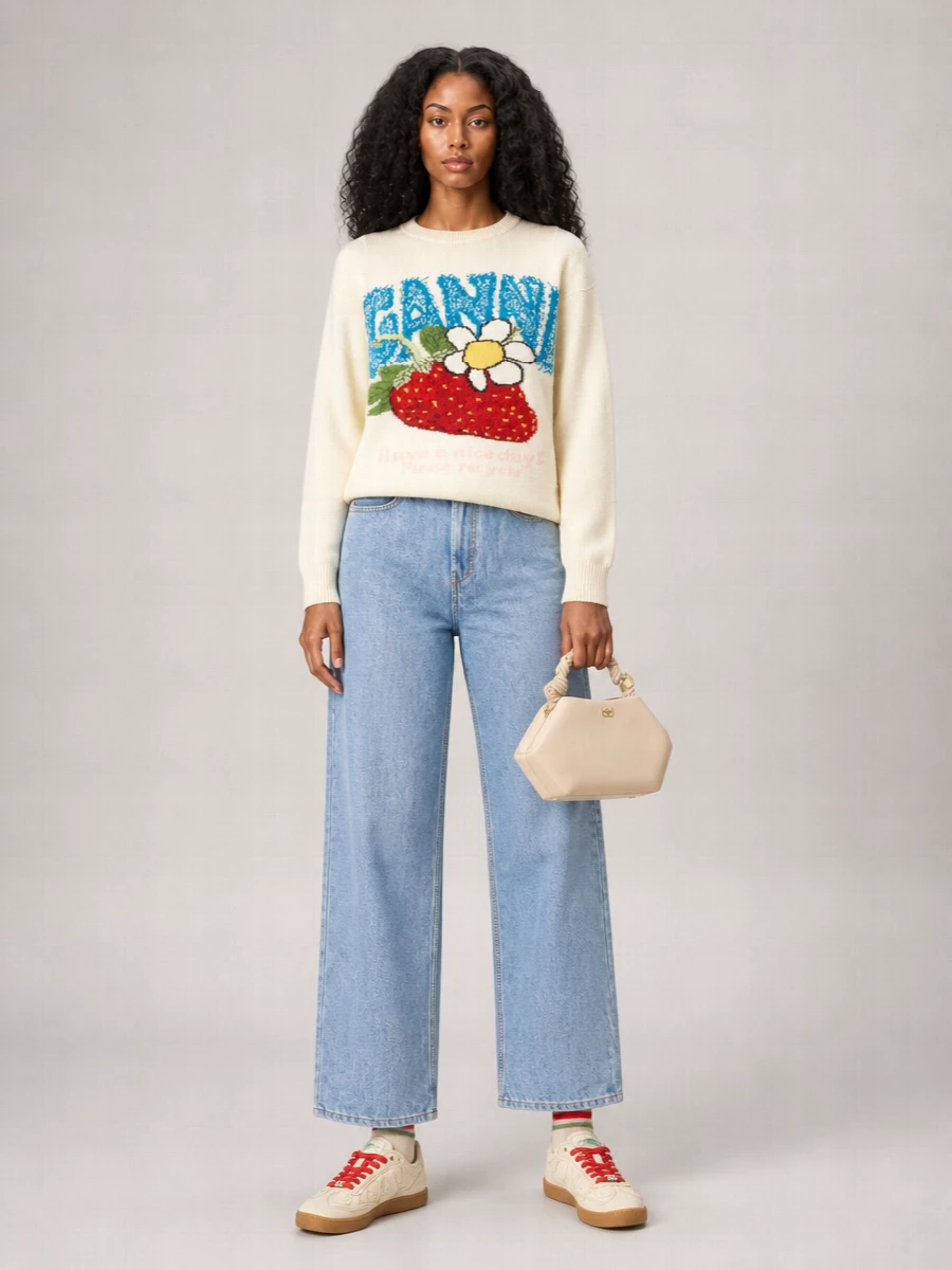 Ganni Wool-Blend Strawberry-Print Oversized Sweater