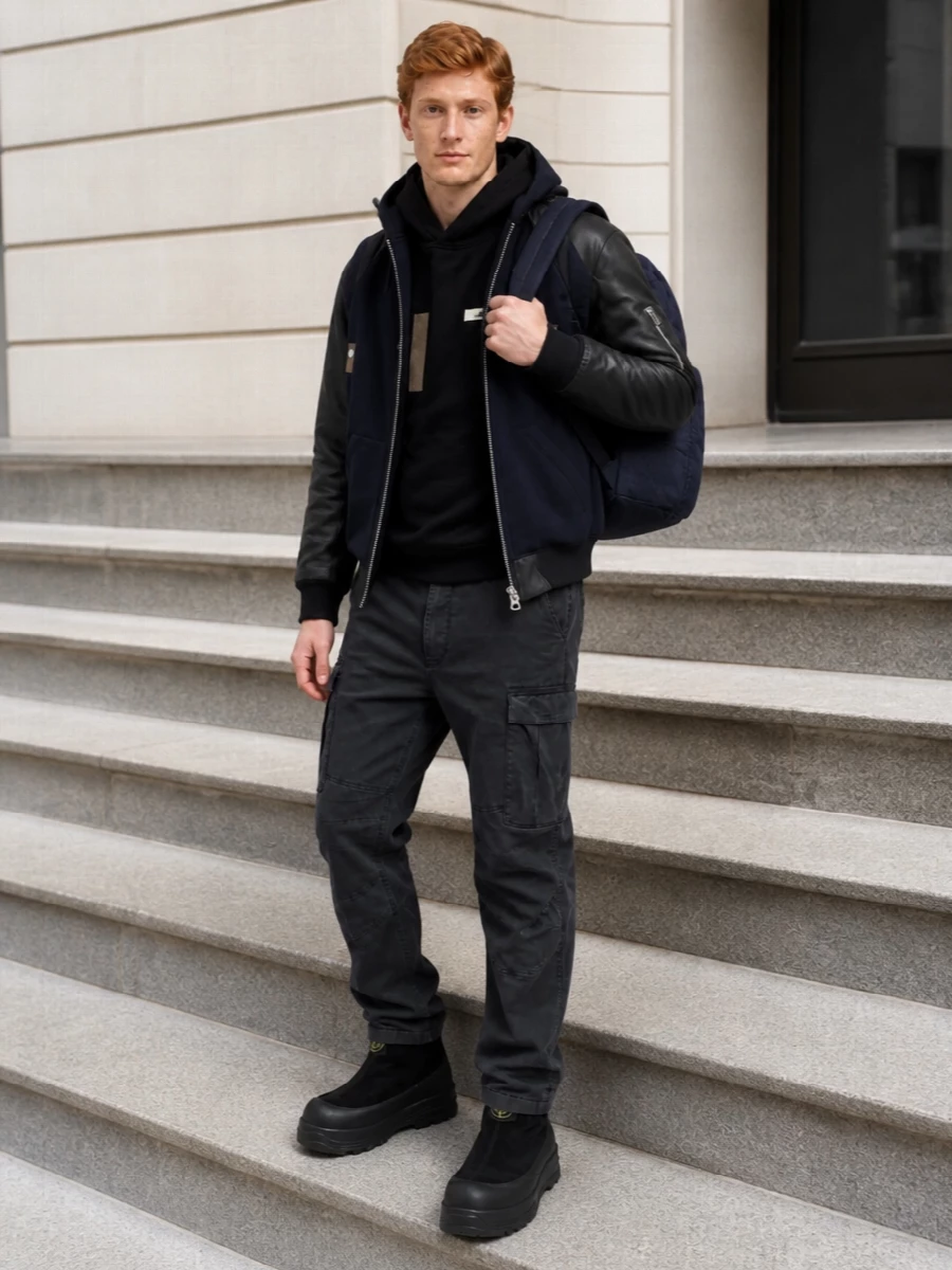 Sacai bomber cargo trousers stone island boots