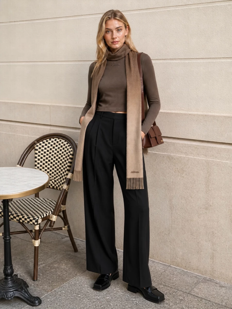 Jacquemus brown top black wide leg trousers outfit