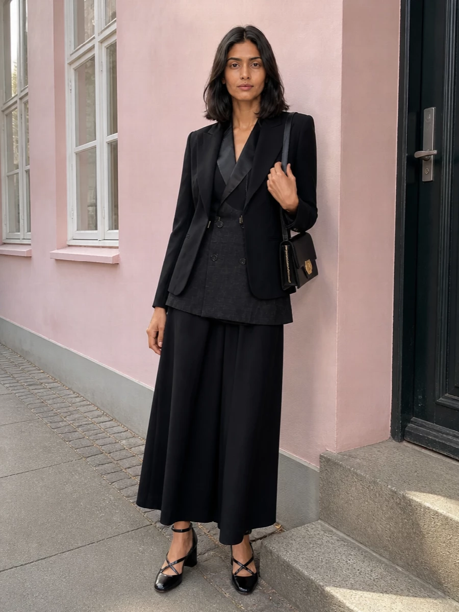 This is a quietly powerful all-black evening ensemble that treats tuxedo tailoring as sculpture. The Gucci blazer can be draped over the Sacai tux-inspired maxi for arrival, then slipped off to reveal the dress’s structure, with Margiela pumps and a slim Lanvin flap bag keeping everything sharp and restrained.