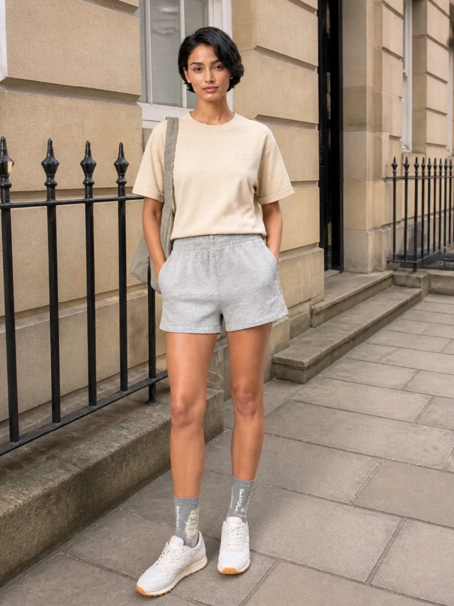 Soft neutrals keep this Woolrich short-and-tee pairing calm and easy for warm off-duty days. The boxy beige tee and heather-grey shorts line up tonally, while retro-style neutral runners and a stone canvas cross-body lean into relaxed, quietly sporty dressing. Grey logo socks finish it off with a subtle, styled touch rather than a loud statement.