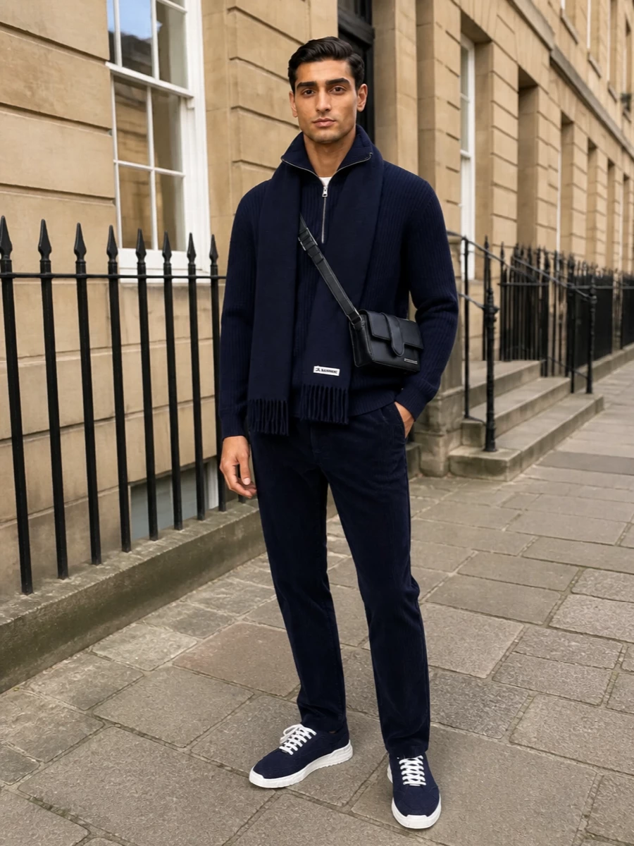 Closed navy half zip corduroy trousers outfit