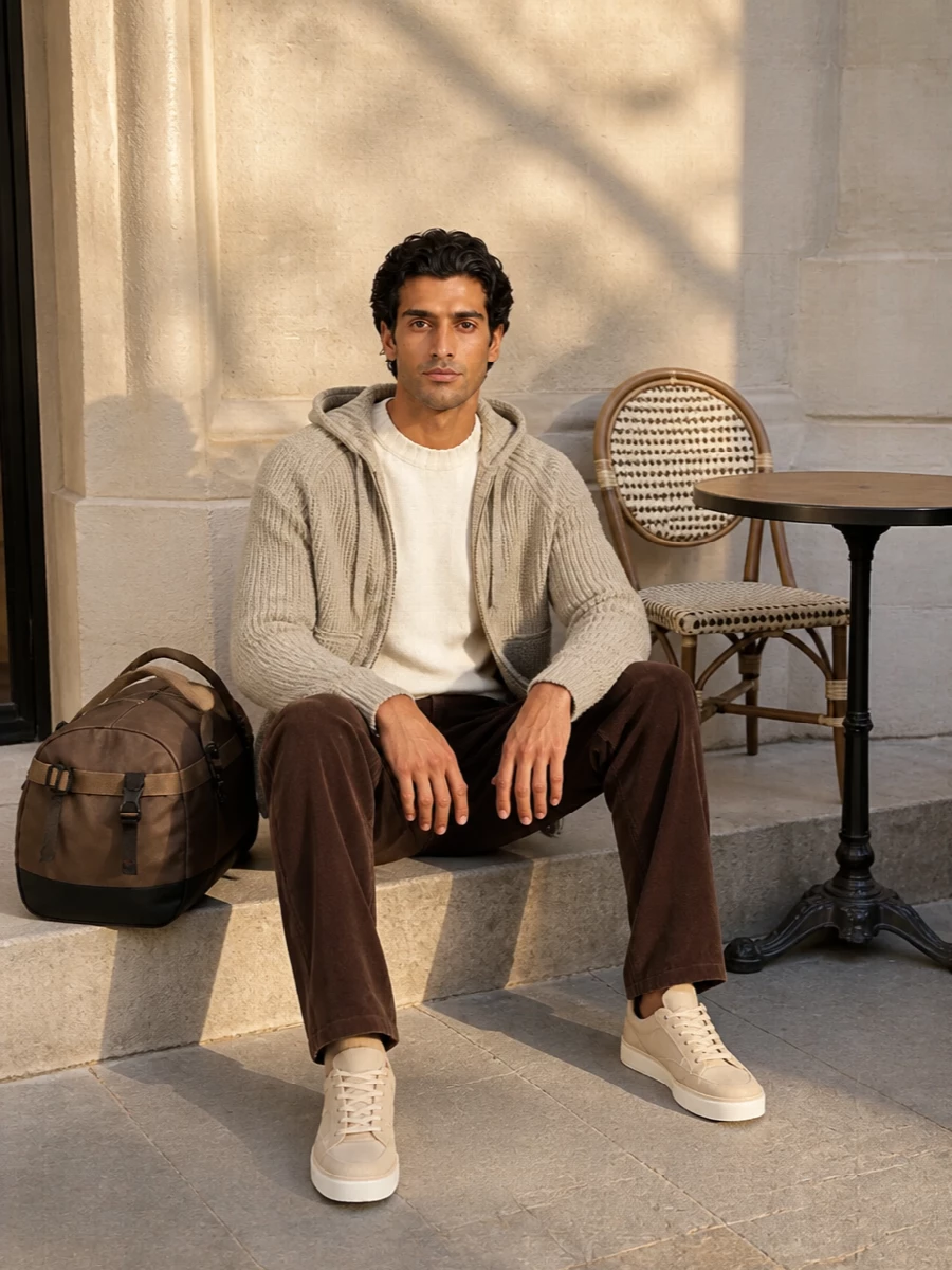 Soft neutrals and grounded brown cords frame the hooded knit, giving a warm, understated city uniform. Sand sneakers and an earth-toned duffel keep everything practical and easy without breaking the calm palette.