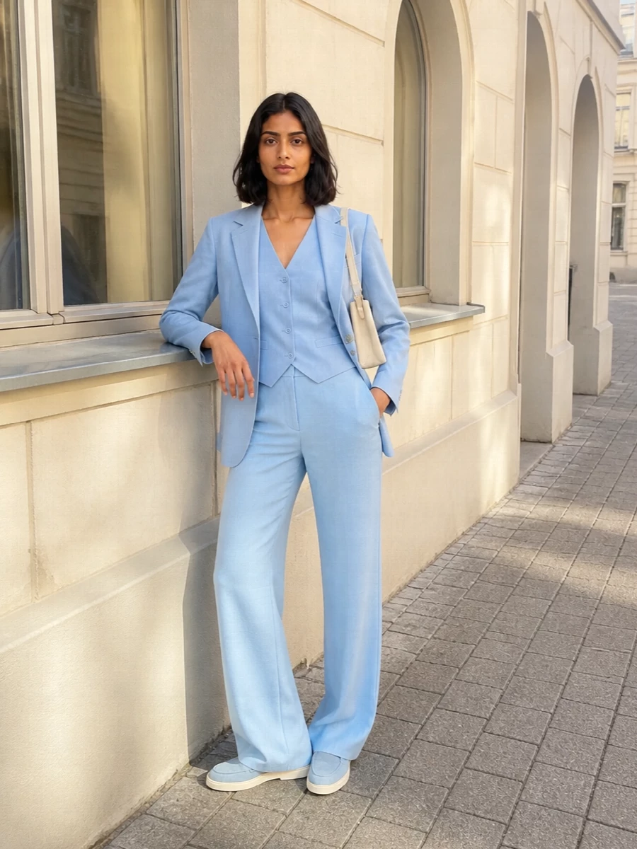 Max mara blue trousers powder blazer outfit