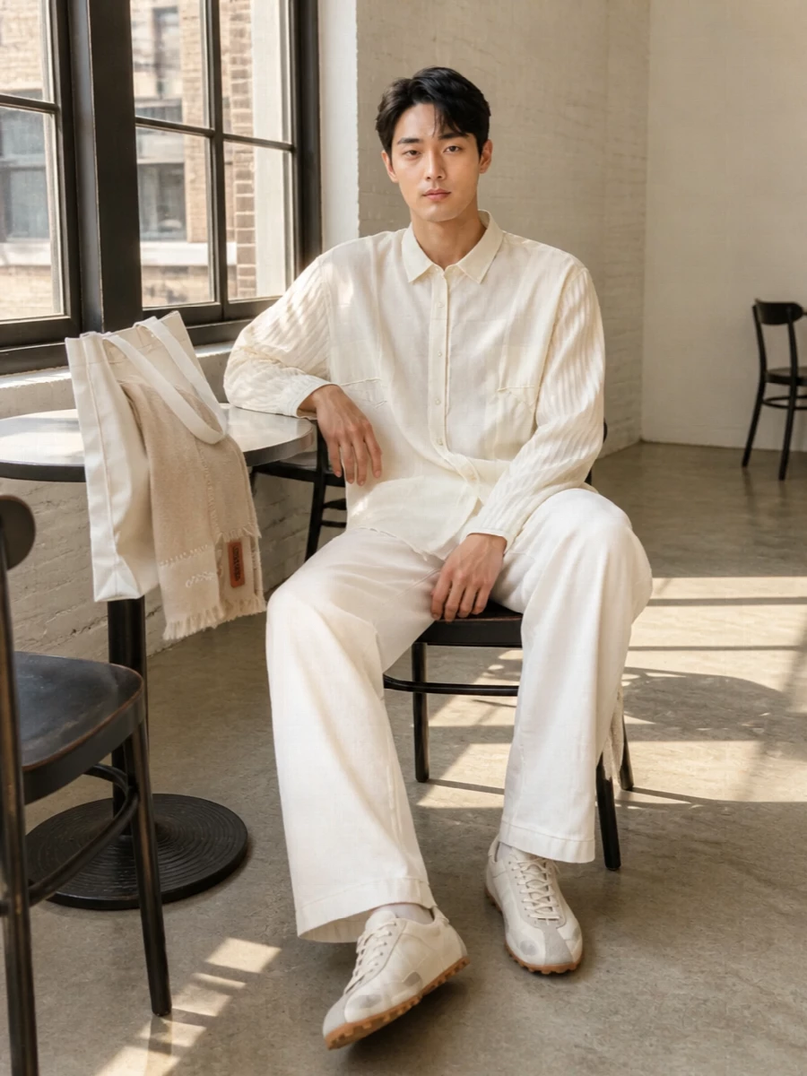 A featherlight striped shirt sits over crisp high-waisted wide legs in off white, creating a long, clean column of soft neutrals. Sun-faded runners and an architectural ivory tote keep the mood relaxed but precise. The airy scarf finishes it with a quiet, tonal gesture that feels thoughtful rather than styled.