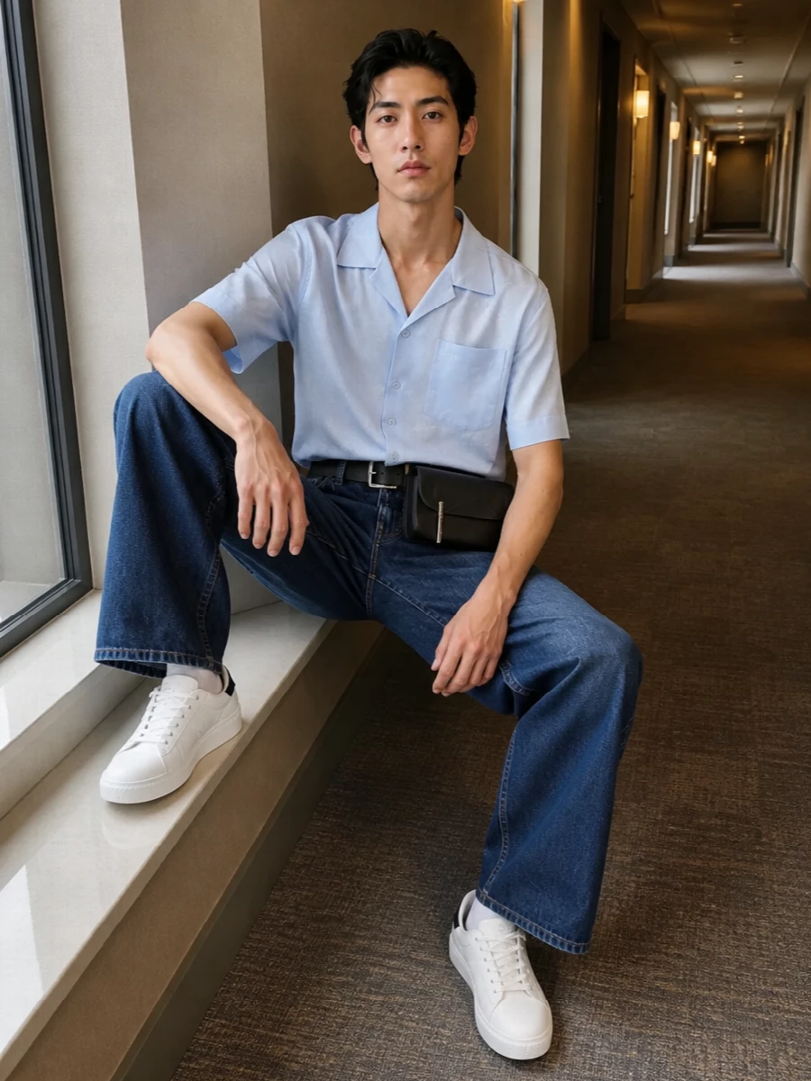 Wide-leg indigo denim is paired with a pale blue camp-collar shirt for a clean, relaxed silhouette that feels considered but not stiff. Crisp white McQueen sneakers with a navy tab echo the blue story while adding height and structure. A sculptural black belt bag and strong leather belt finish the outfit with quiet definition around the waist and torso.