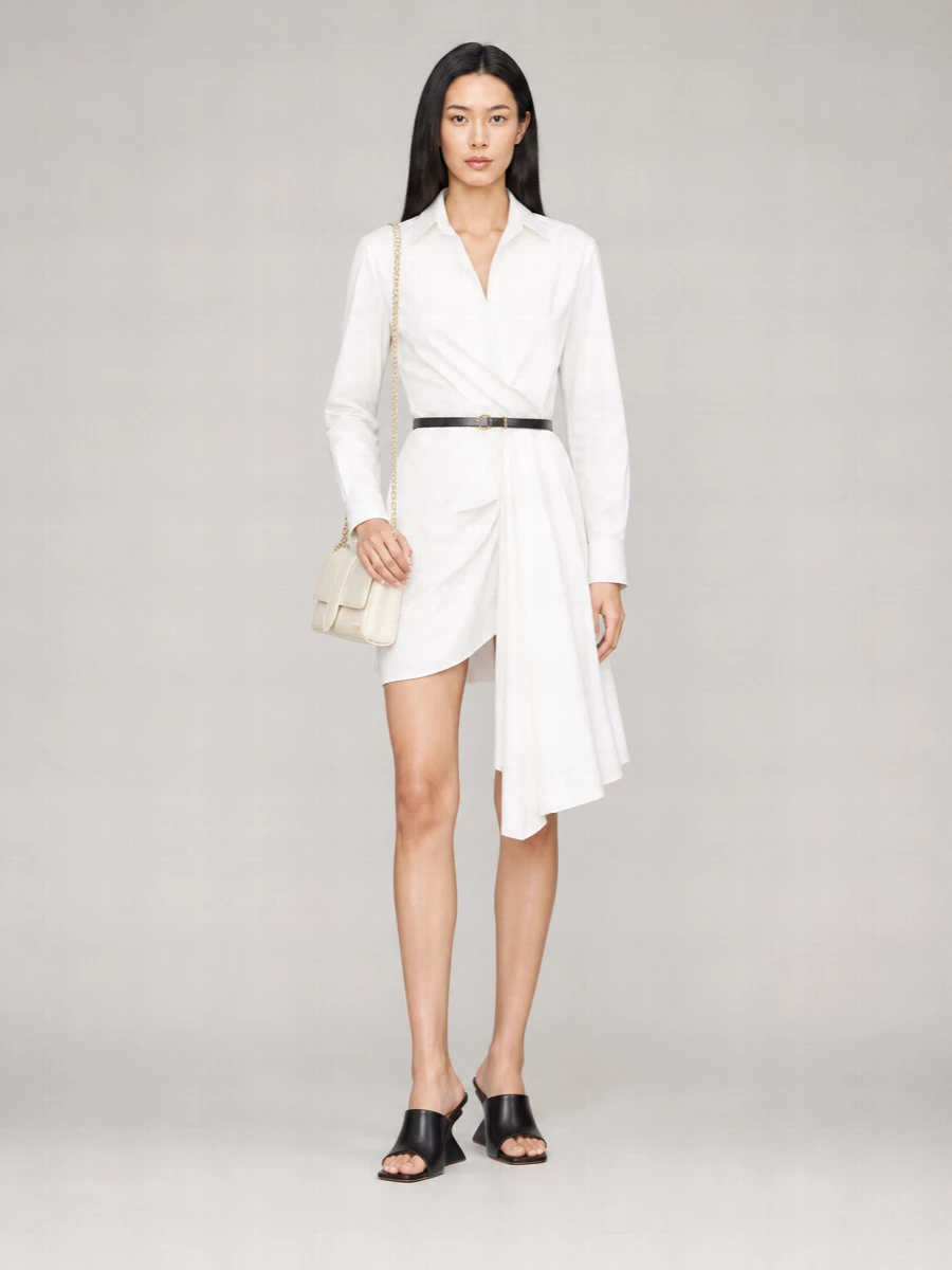 Off-White Cotton Asymmetric Draped Mini Shirt Dress
