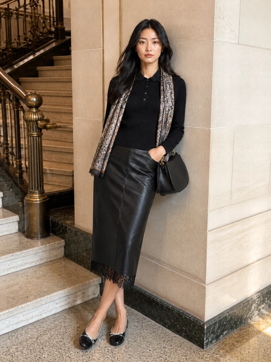 An all-black, lace-framed pairing leans into romance without losing its preppy sharpness, the pencil skirt’s clean column balancing the softly cinched polo. Sleek ballerinas and a structured saddle bag keep the mood quietly luxurious, while the paisley scarf adds a whisper of print and warmth for city days that run into dinner. The result is polished, feminine, and easy to wear from a relaxed office to late-evening plans.