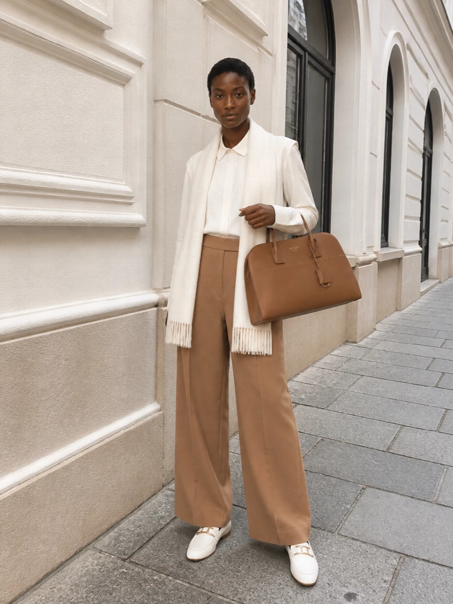 Max mara camel wide leg trousers ivory shirt