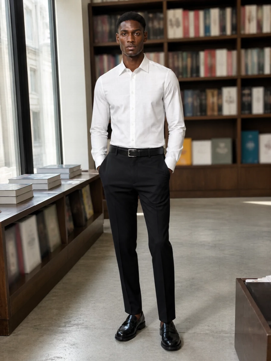 Prada black trousers white shirt loafers